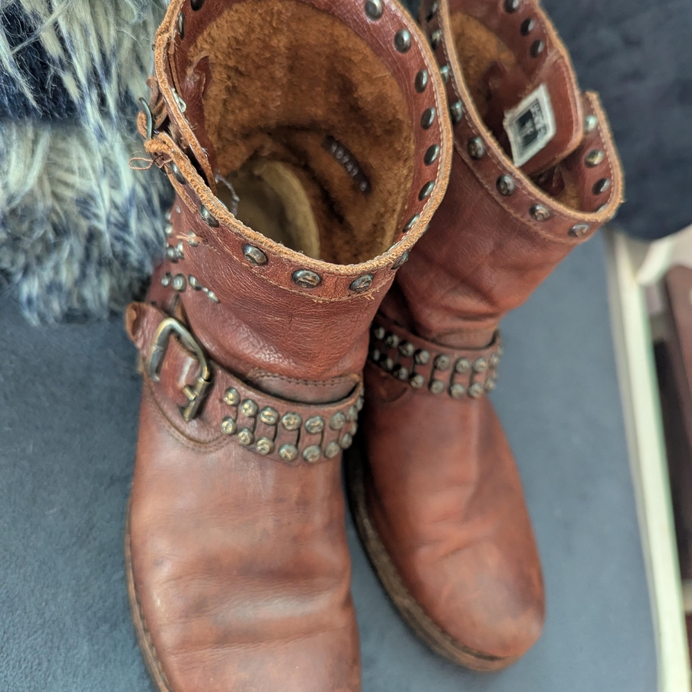 Brown Studded Leather Frye Boots - Picture 4 of 5